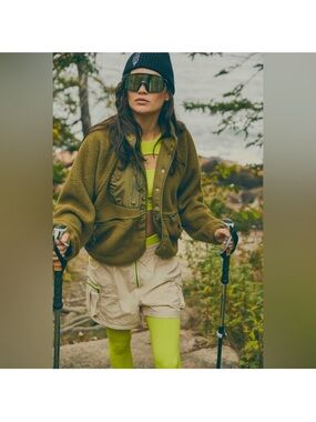 FP Movement by Free People Olive Green Teddy Jacket with Khaki Panels